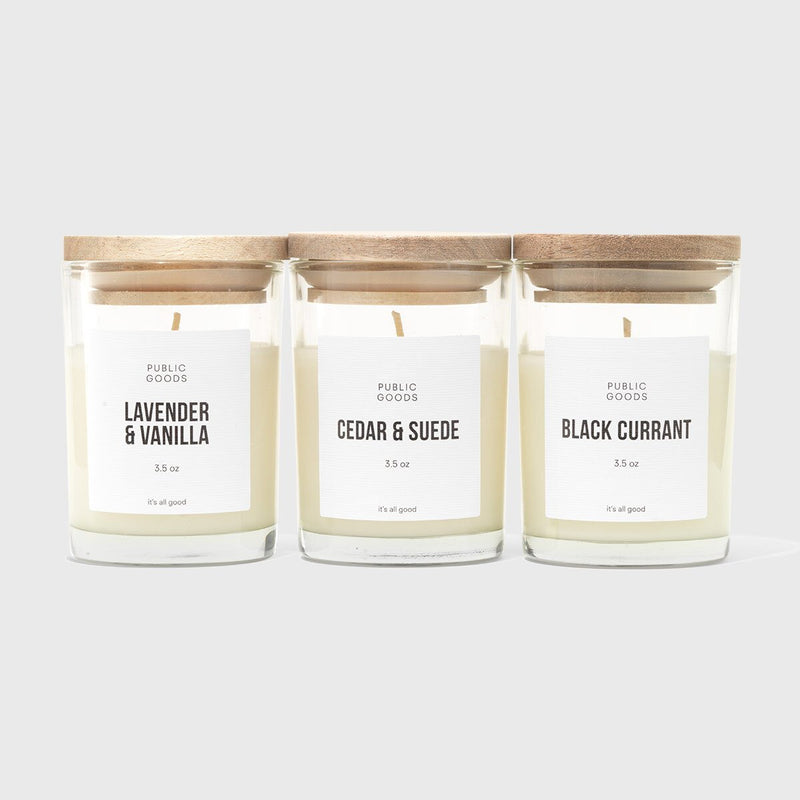 Public Goods 3 Piece Mini Candle Set (3.5 oz) | Glass Candle Gift Set w/ Wood Lids | Black Currant, Cedar & Suede, Lavender & Vanilla